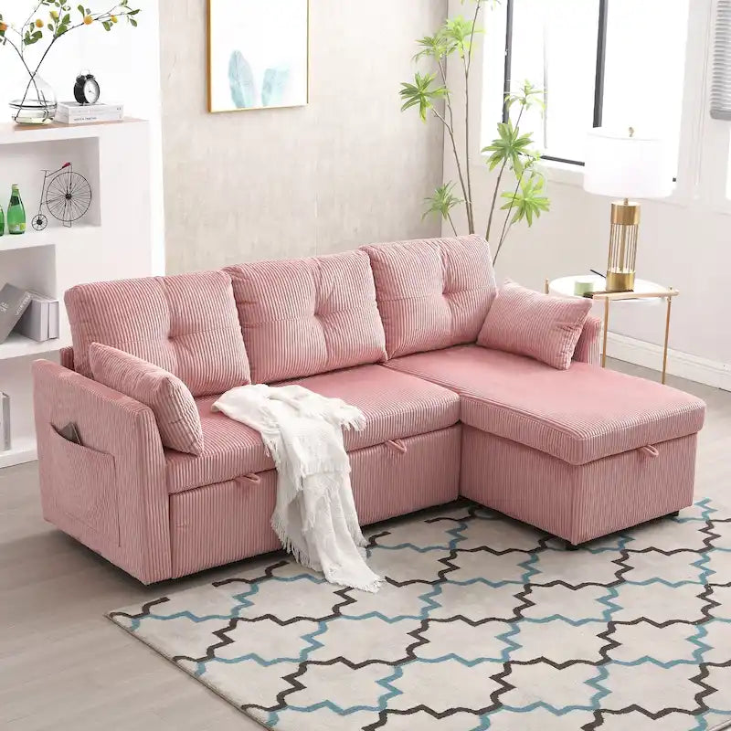 Divano Sezionale a L con Chaise Reversibile, Rivestimento in Velluto a Coste/Ciniglia, con Bracciolo Portaoggetti e Tasca Laterale