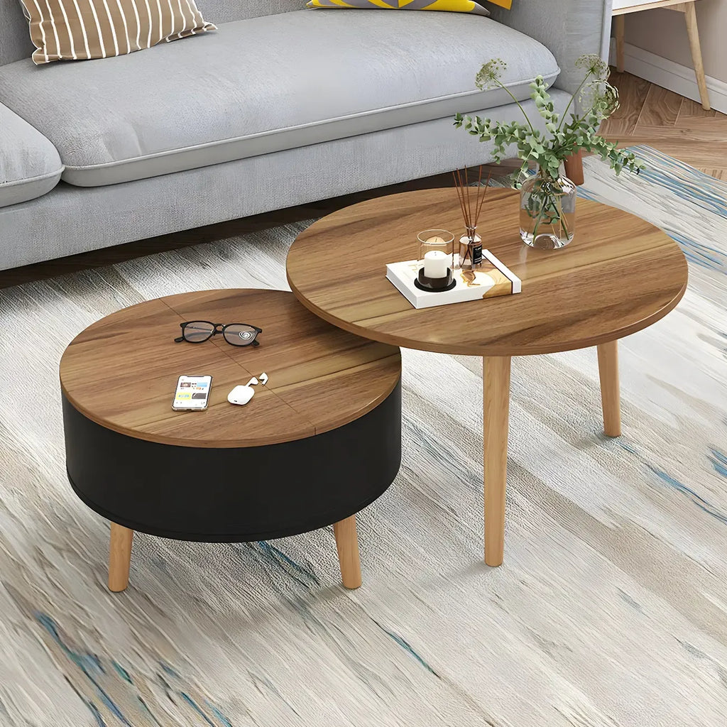 Tavolino da caffè rotondo moderno in legno bianco e nero con contenitore