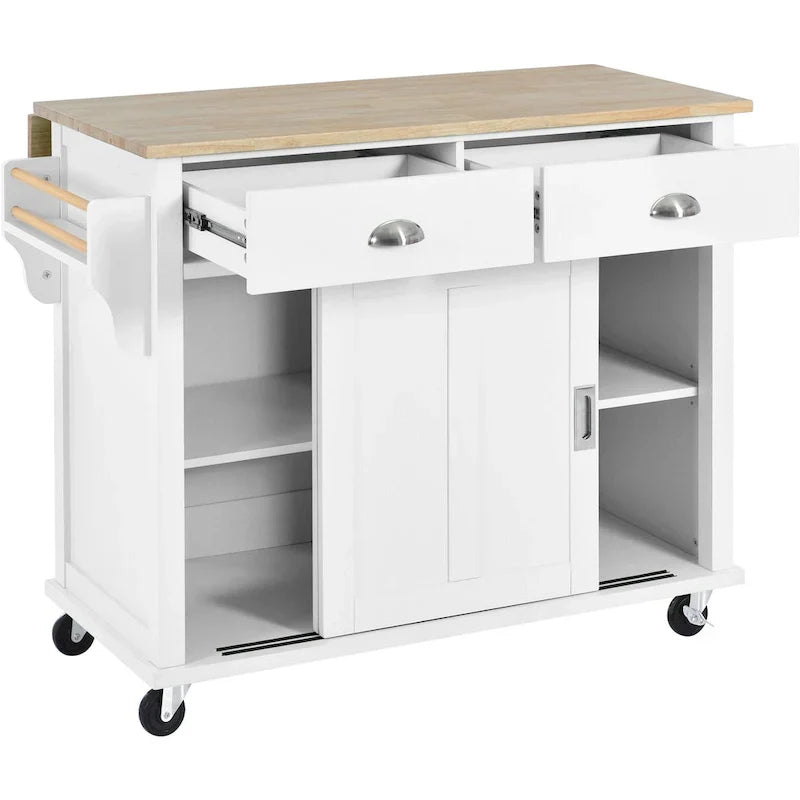 Carrello da cucina con piano d'appoggio ribaltabile in legno di gomma, porta scorrevole a scomparsa con altezza regolabile, isola da cucina su 4 ruote