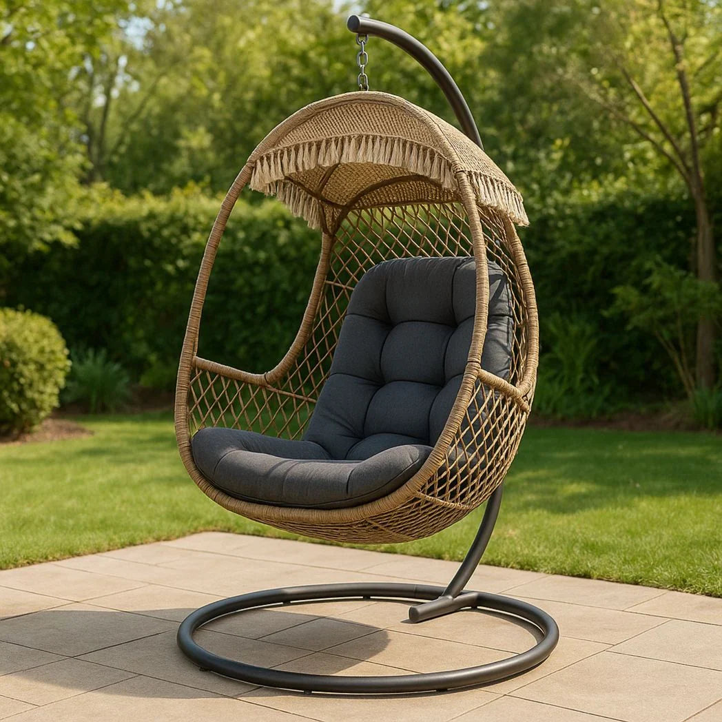 Poltrona sospesa in rattan sintetico con struttura in acciaio, cuscino in poliestere, marrone/grigio, 200 cm x 95 cm x 75 cm