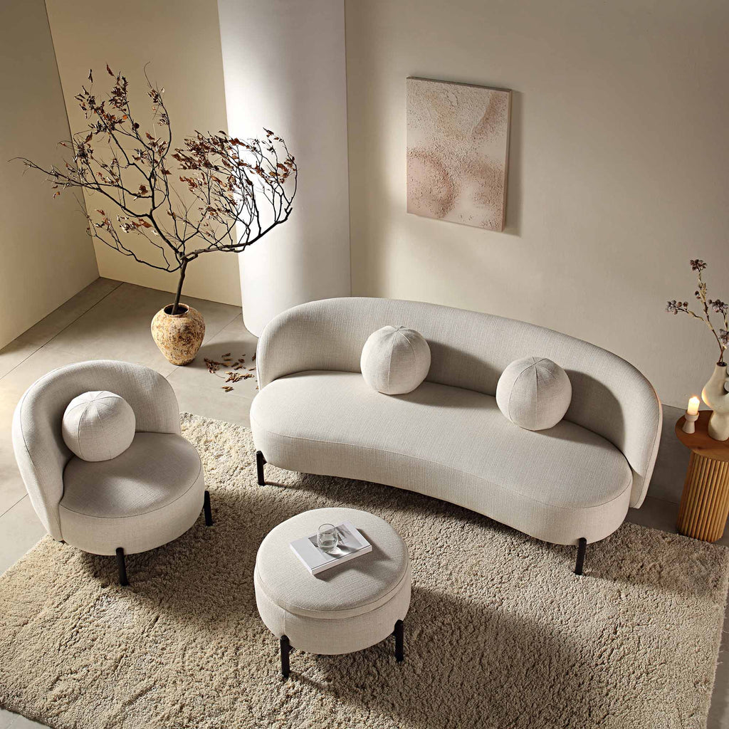 Divano curvo a 3 posti con cuscini a sfera, misto lino beige
