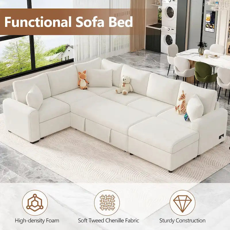 Divano sezionale in ciniglia con letto estraibile, divano letto a L con pouf contenitore, 3 cuscini e dispositivi di ricarica