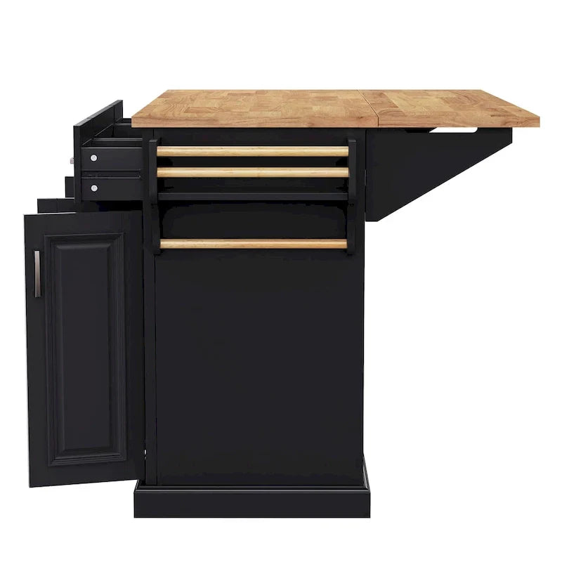 54 - Grande isola cucina con anta a ribalta in legno di gomma, carrello da cucina scorrevole con texture in rilievo su 4 ruote con 4 ante e 3 cassetti
