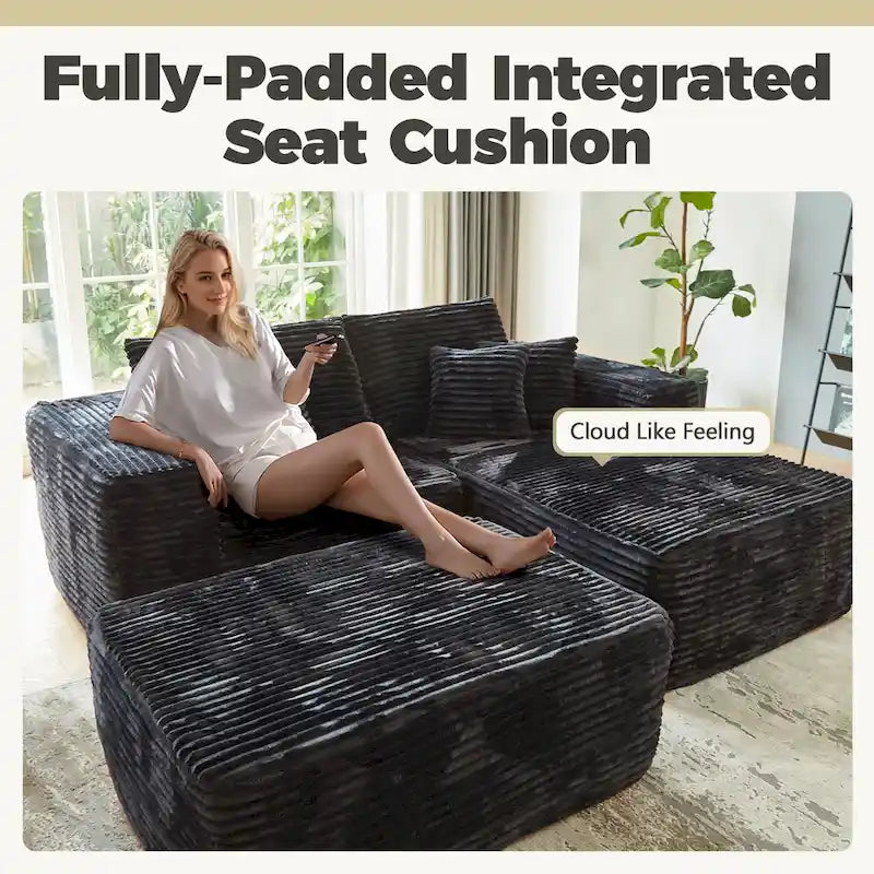 Divano componibile moderno HOOOWOOO in peluche a L con pouf rimovibile