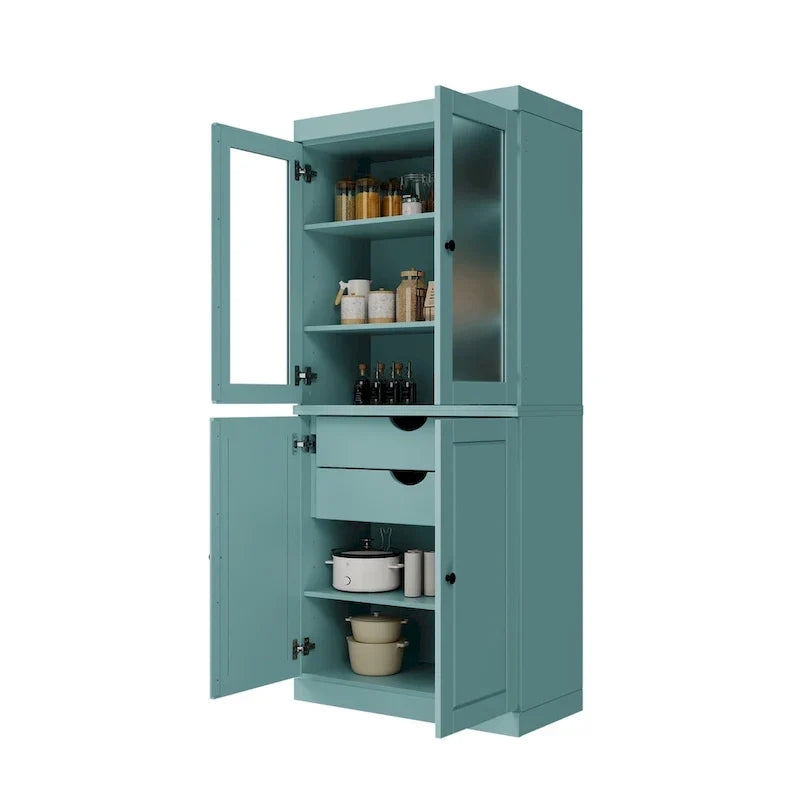 Mobile Dispensa in Legno Massello al 100% con Ante in Vetro Satinato, Ante Piene, 2 Cassetti e Ripiani Regolabili