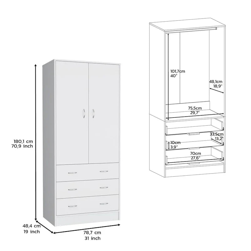 19 Armadio moderno a due ante con 3 cassetti e 1 asta appendiabiti per camera da letto