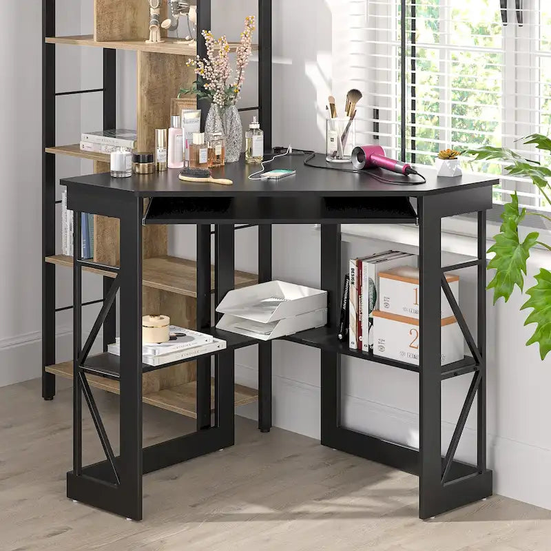 Scrivania ad angolo Scrivania piccola con prese Tavolo ad angolo per piccoli spazi, Scrivania per computer con porte USB Scrivania triangolare con contenitore
