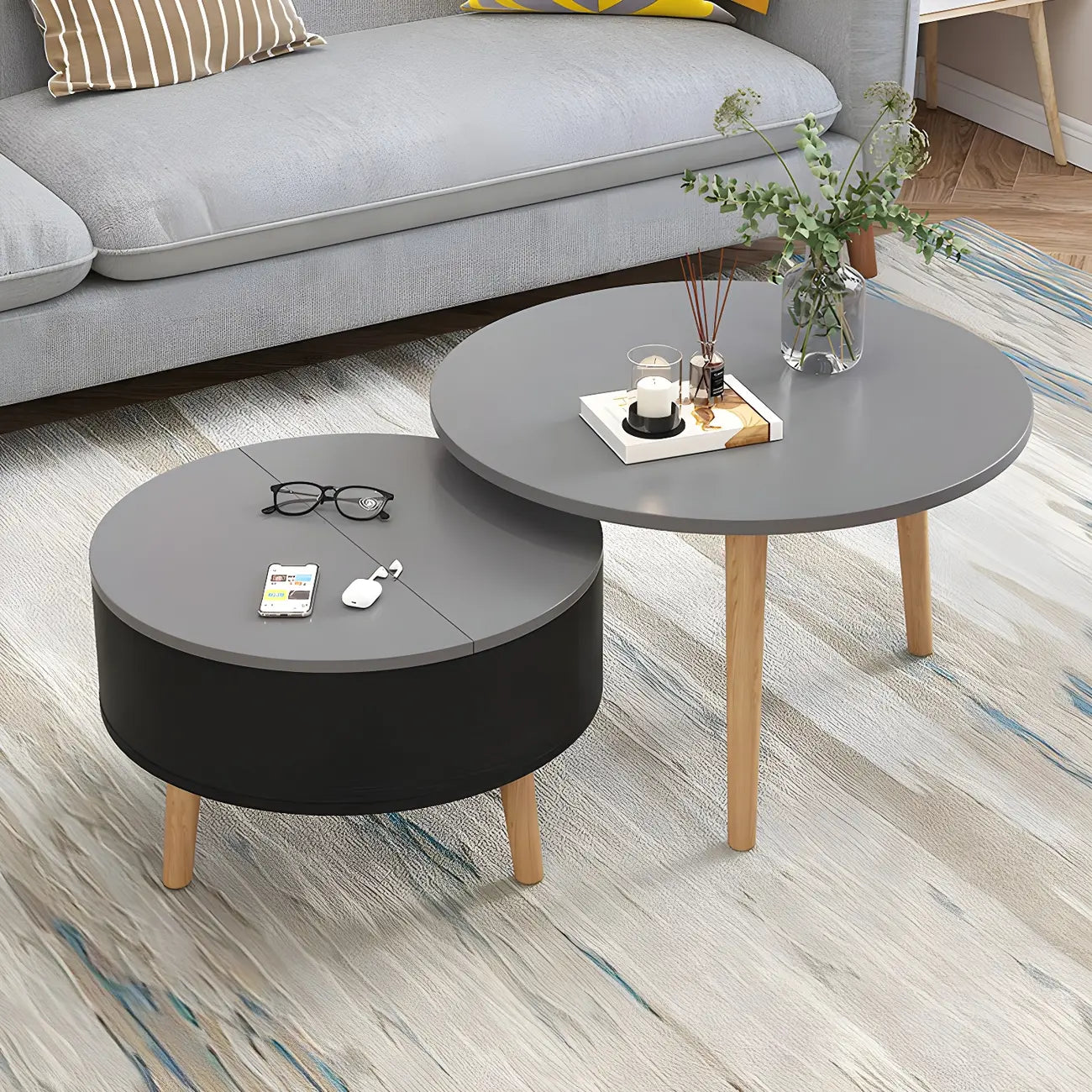 Tavolino da caffè rotondo moderno in legno bianco e nero con contenitore