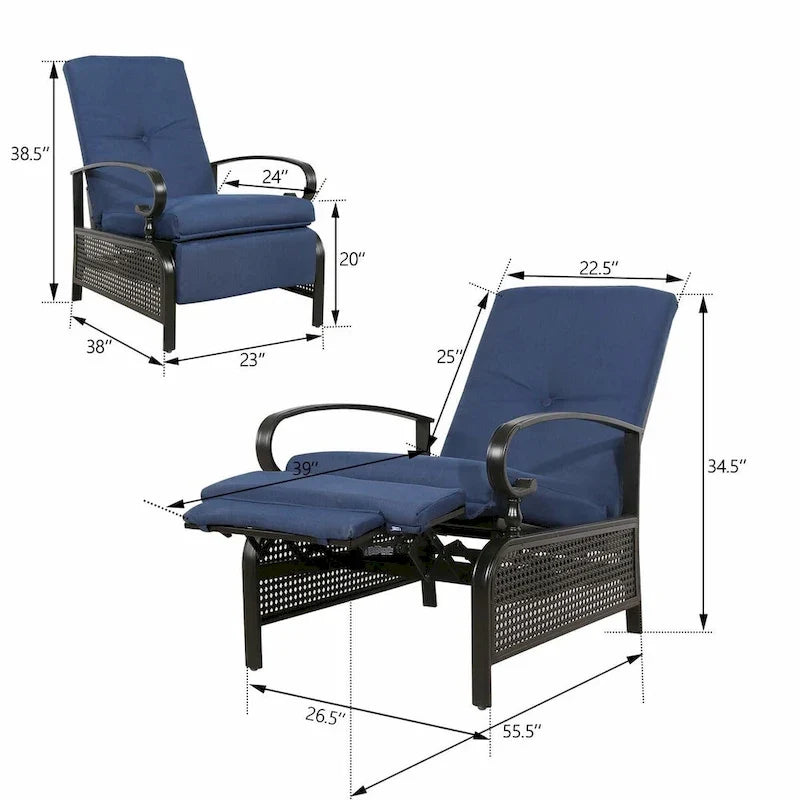Poltrona Reclinabile Regolabile da Esterno con Cuscino - 38 (P) x 26.5 (L) x 38.5 (A) POLLICI