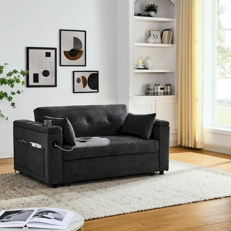 Divano Letto Estraibile 54", Divano Reclinabile 2 Posti con Contenitore, Cuscino Lombare, Presa USB