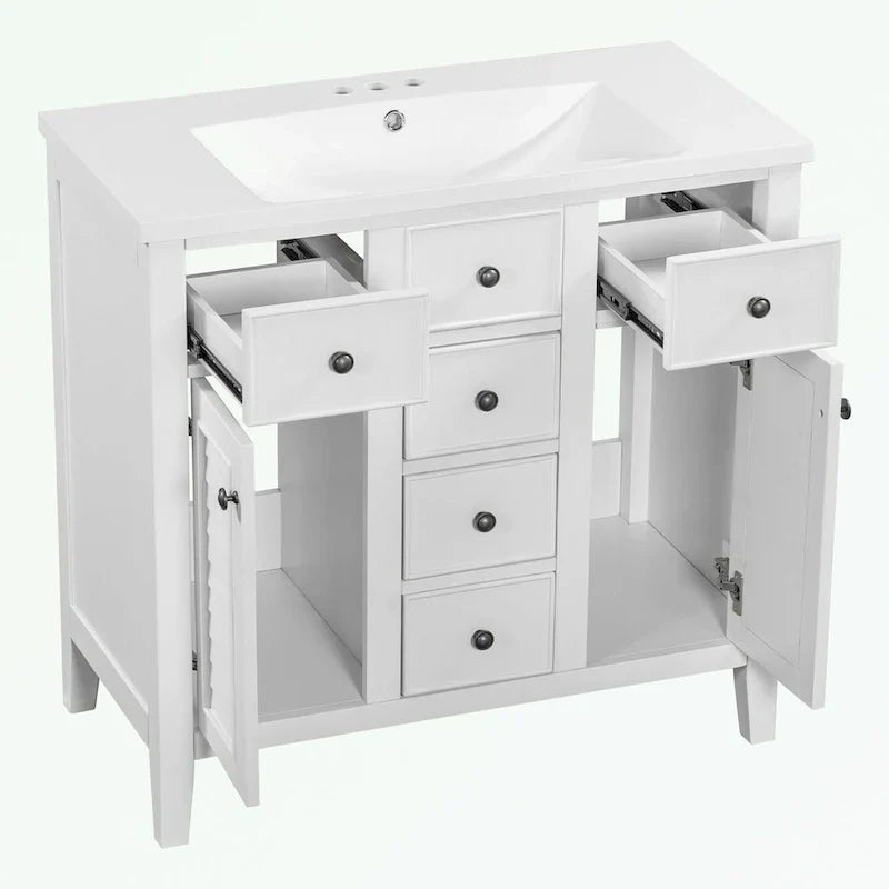 Mobile bagno con lavabo in ceramica, due ante e cinque cassetti
