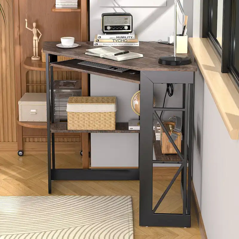 Scrivania ad angolo Scrivania piccola con prese Tavolo ad angolo per piccoli spazi, Scrivania per computer con porte USB Scrivania triangolare con contenitore