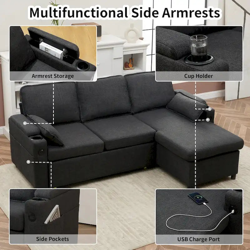 Divano letto a L da 80", Divano letto a scomparsa, Divano letto convertibile con penisola reversibile