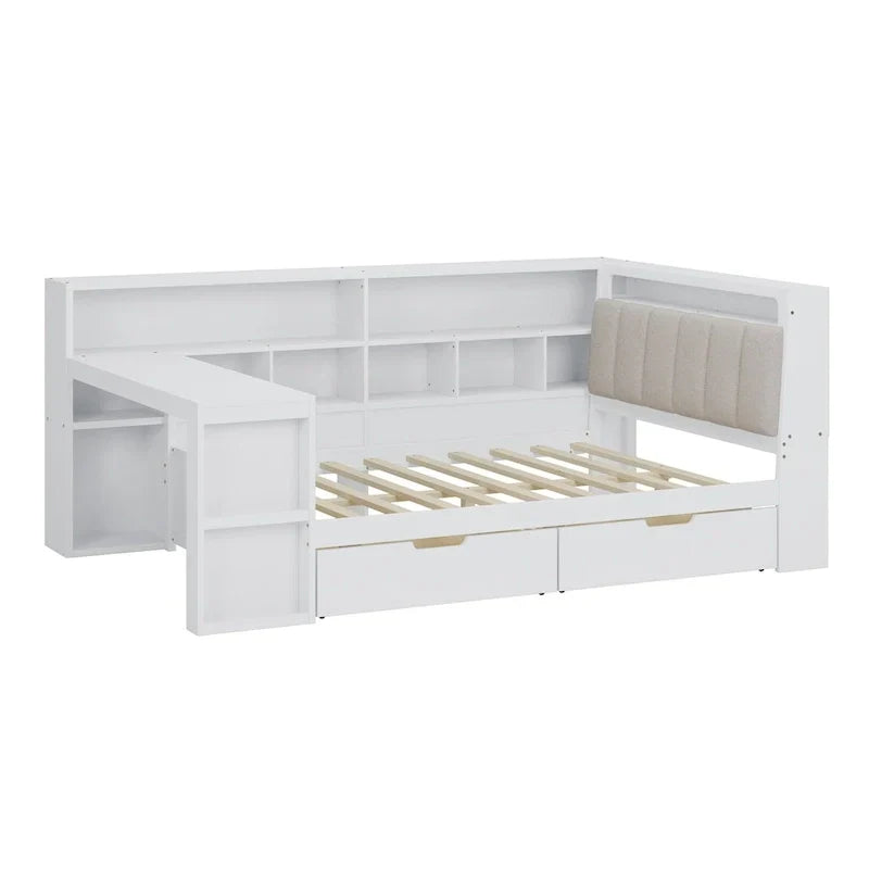 Divano Letto a "L" in Legno con Scrivania, Mobile Libreria, Letto Angolare con Cassetti Sottostanti, Testiera Imbottita con Luce Integrata