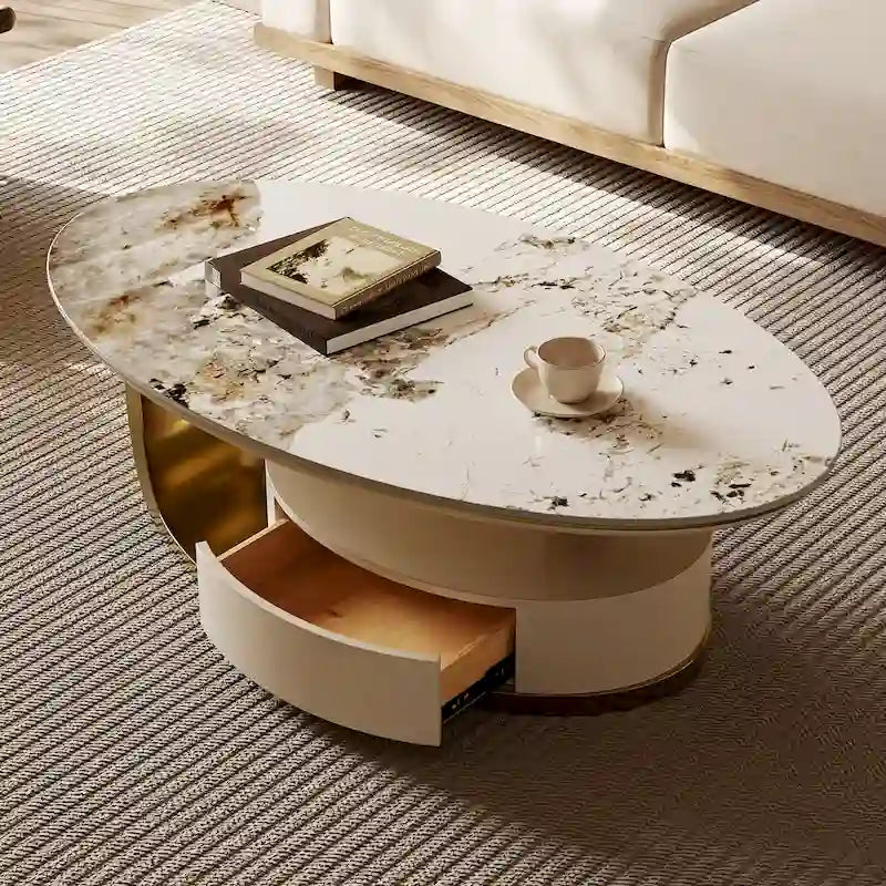 Tavolino da caffè ovale moderno Pandora 51 con piano in pietra sinterizzata lucida, tavolino da caffè di lusso, gambe in acciaio inossidabile per soggiorno