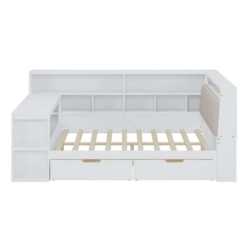 Divano Letto a "L" in Legno con Scrivania, Mobile Libreria, Letto Angolare con Cassetti Sottostanti, Testiera Imbottita con Luce Integrata
