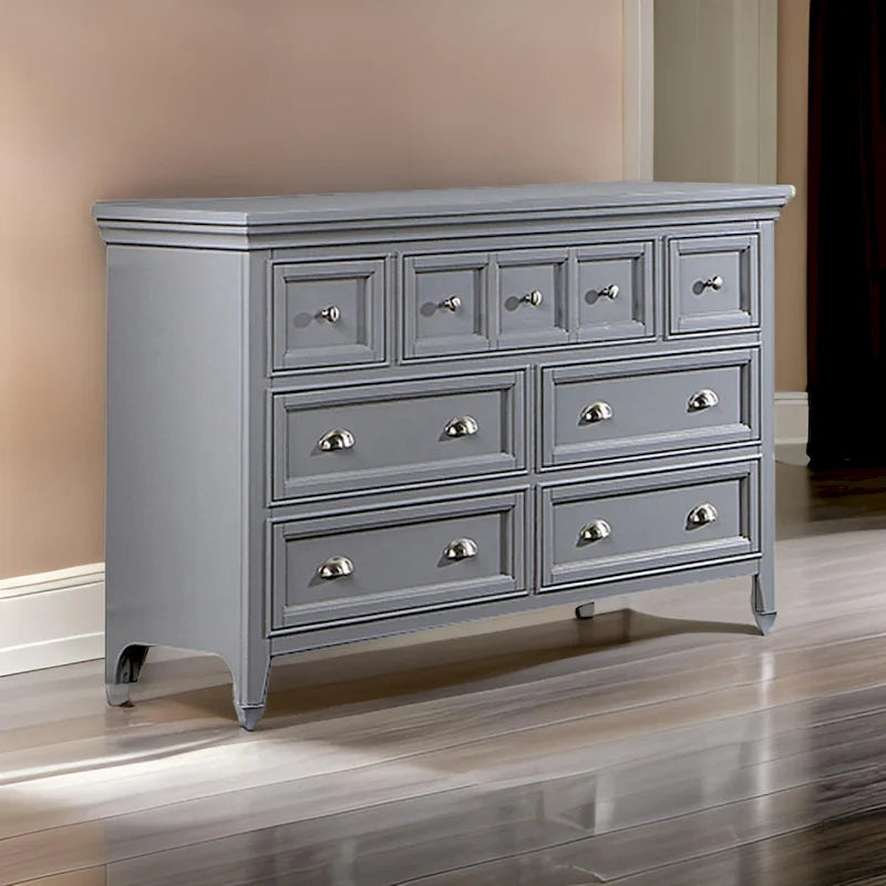 Cassettiera Cile da 56 pollici, 7 cassetti scorrevoli, legno grigio, maniglie rotonde in nichel