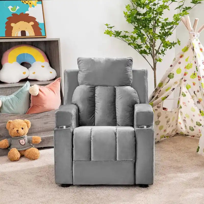 Poltrona reclinabile deluxe per bambini con poggiapiedi, poggiatesta e 2 portabicchieri, in microfibra, per bambini dai 3 anni in su