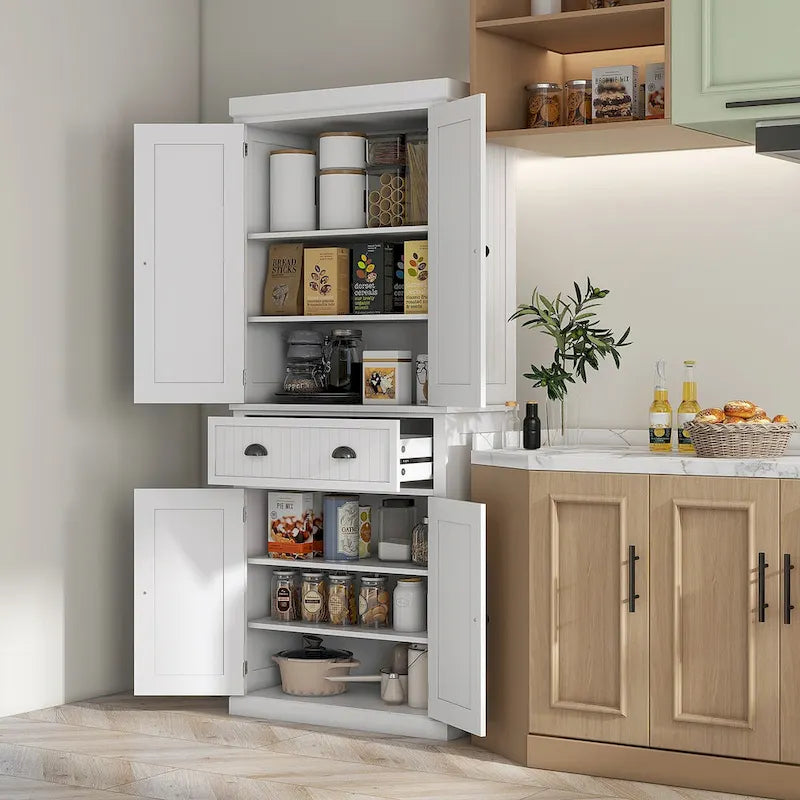 Armadio dispensa da cucina da 72 pollici, mobile tradizionale autoportante con 4 ante e 3 ripiani regolabili, ampio cassetto centrale