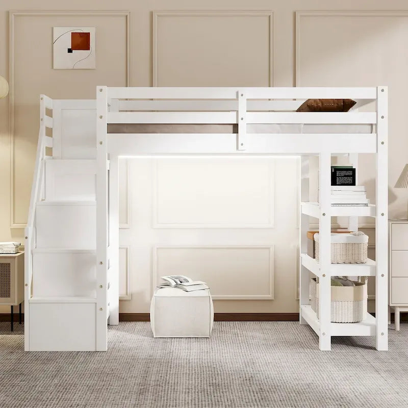 Letto a soppalco singolo/matrimoniale con scala contenitore - Ripiani, armadio e luce LED, design salvaspazio