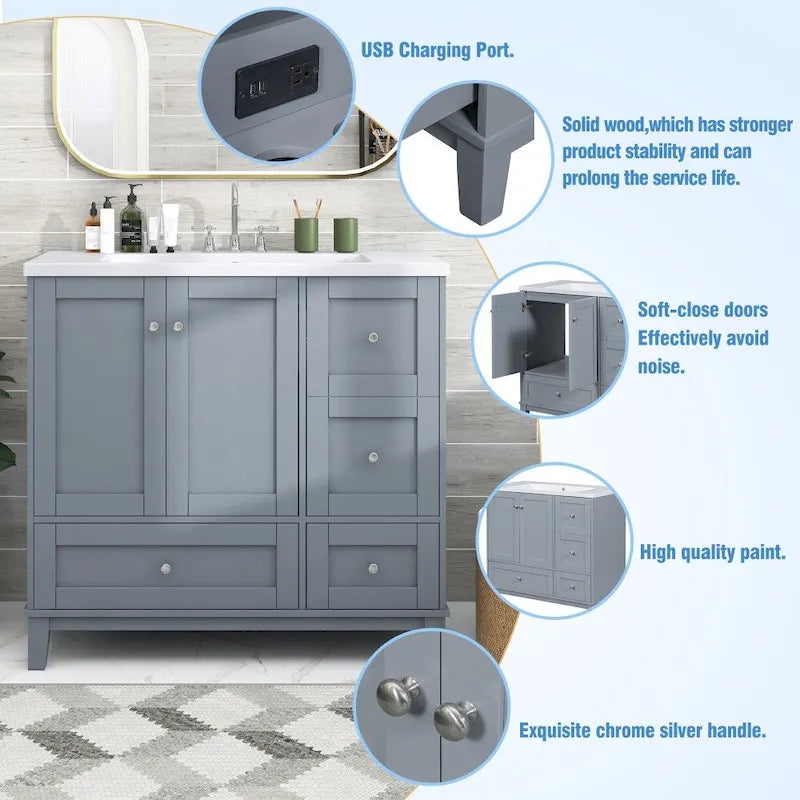 Mobile bagno da 36 pollici con ricarica USB, lavabo in resina, telaio in legno massello, 3 cassetti contenitori