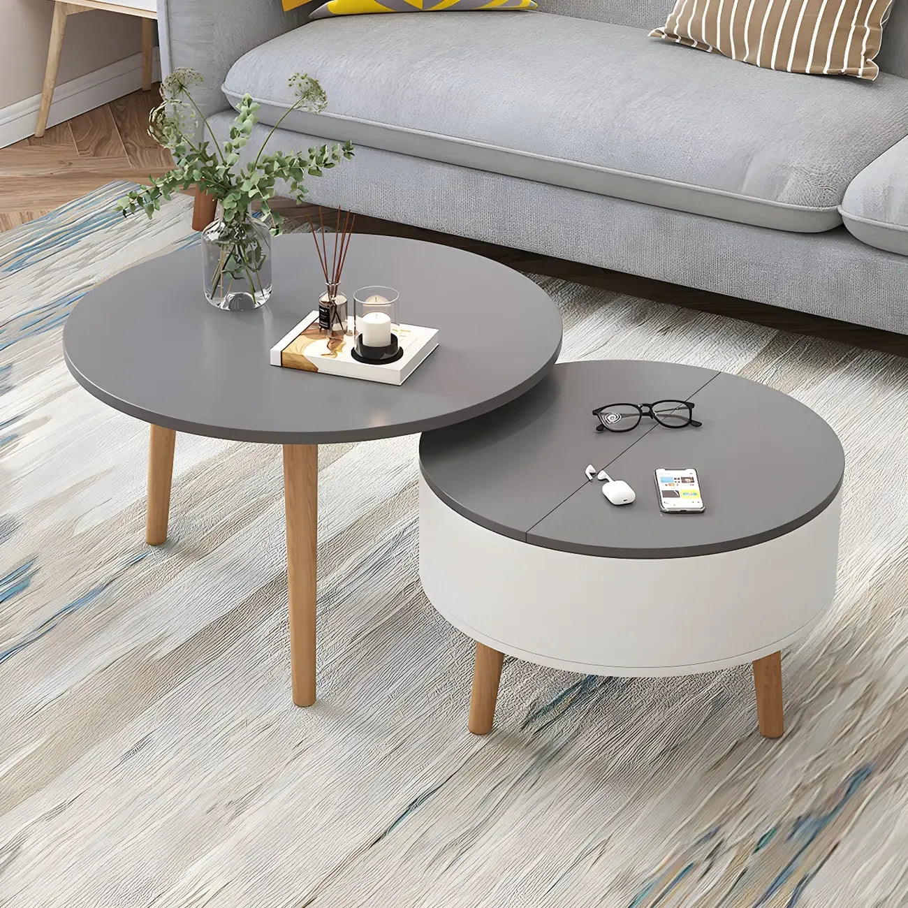 Tavolino da caffè rotondo moderno in legno bianco e nero con contenitore