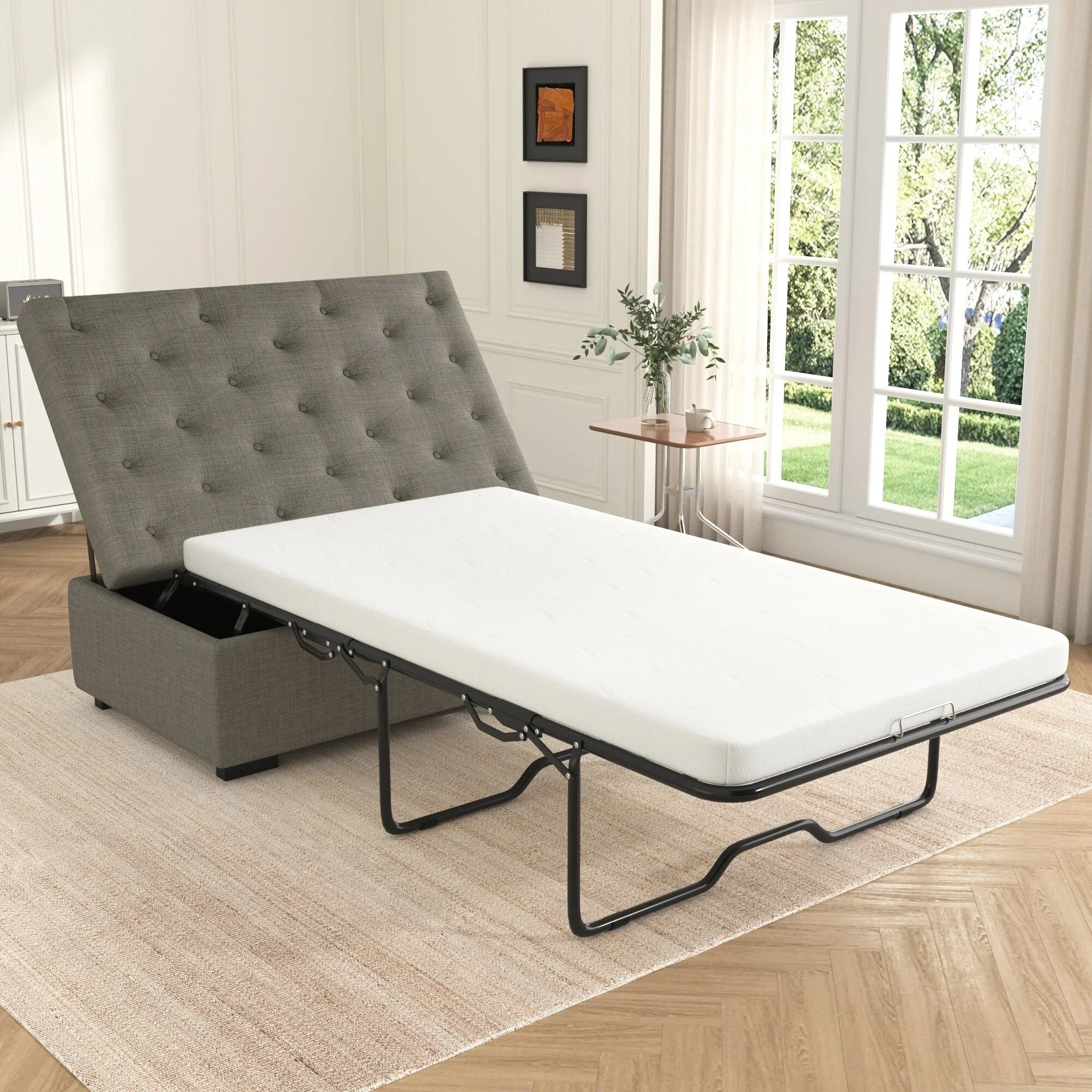 Divano Letto Pieghevole, Pouf da 49.6 con Divano Letto Pieghevole, Pouf Convertibile con Materasso Memory e Design Trapuntato