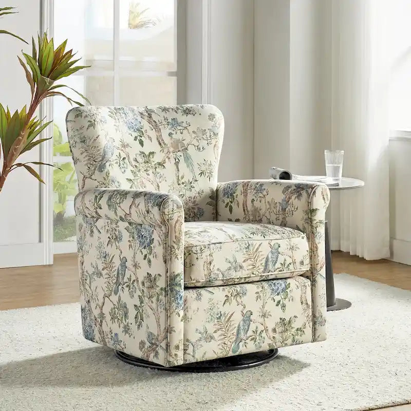 Poltrona girevole a dondolo Georg Comfortable Floral Fabric con braccioli arrotolati di HULALA HOME