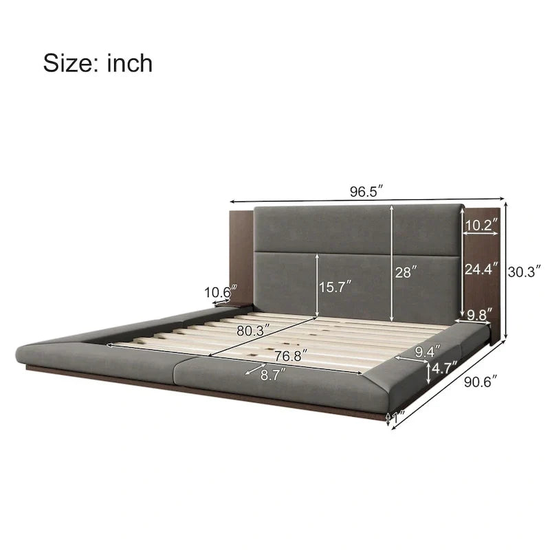 Letto imbottito King Gray Floor a basso profilo con testiera estesa in legno, mensole comodino integrate