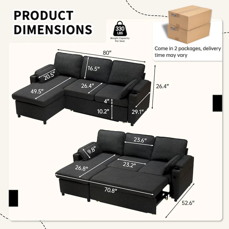 Divano letto a L da 80", Divano letto a scomparsa, Divano letto convertibile con penisola reversibile