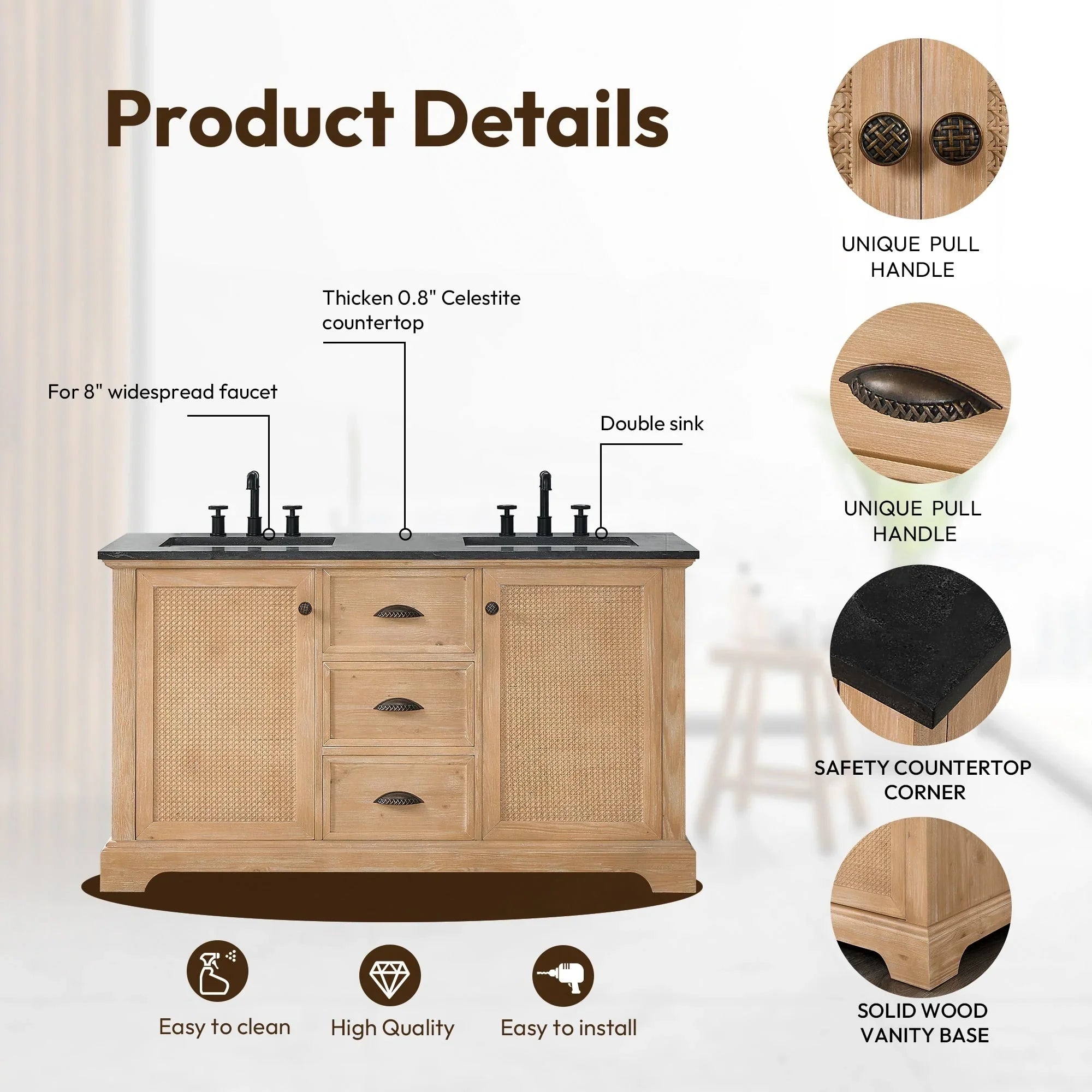 Mobile bagno Hervas con top in marmo naturale senza specchio