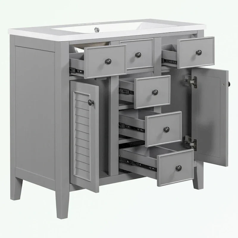 Mobile bagno con lavabo in ceramica, due ante e cinque cassetti