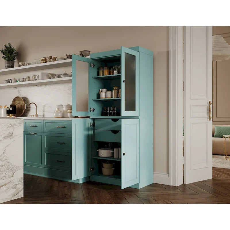 Mobile Dispensa in Legno Massello al 100% con Ante in Vetro Satinato, Ante Piene, 2 Cassetti e Ripiani Regolabili