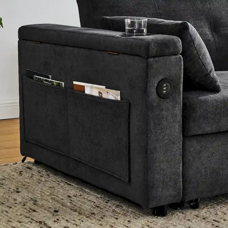 Divano Letto Estraibile 54", Divano Reclinabile 2 Posti con Contenitore, Cuscino Lombare, Presa USB