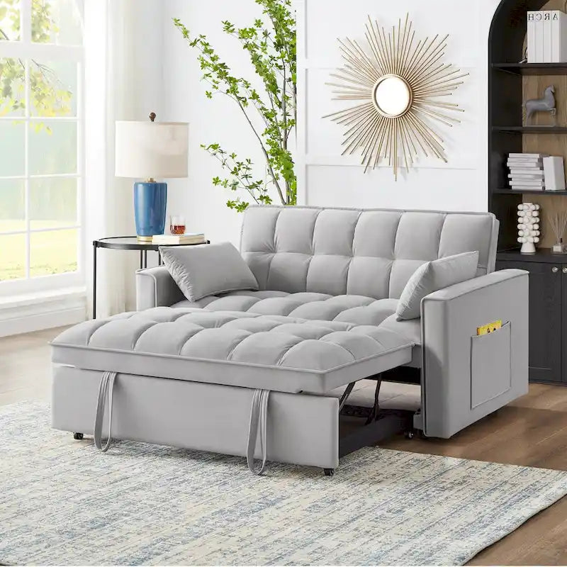 Divano letto a due posti 4 in 1 con braccioli e tasche portaoggetti, divano letto estraibile multifunzionale trapuntato con schienale regolabile
