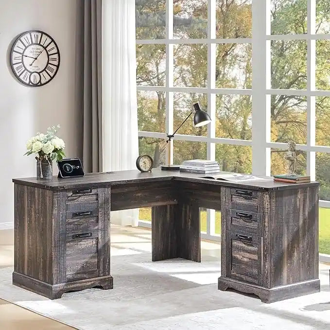60 Scrivania Direzionale a L da Fattoria, Scrivania ad Angolo in Legno, Scrivania per Computer