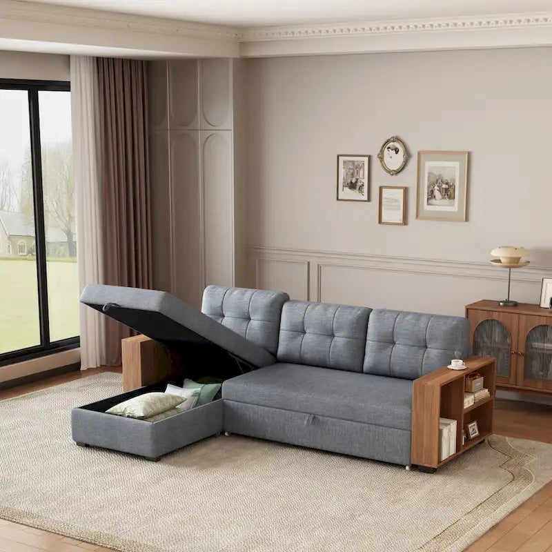 Divano Sezionale Convertibile con Letto Estraibile e Chaise Longue Contenitore Nascosto
