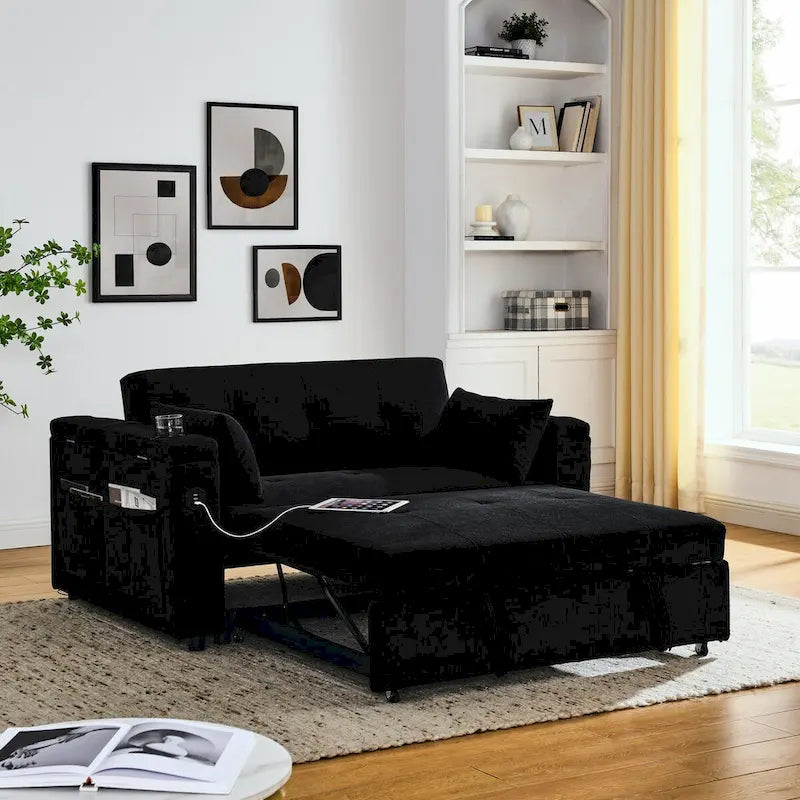 Divano Letto Estraibile 54", Divano Reclinabile 2 Posti con Contenitore, Cuscino Lombare, Presa USB
