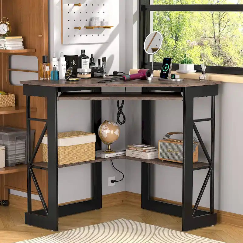 Scrivania ad angolo Scrivania piccola con prese Tavolo ad angolo per piccoli spazi, Scrivania per computer con porte USB Scrivania triangolare con contenitore