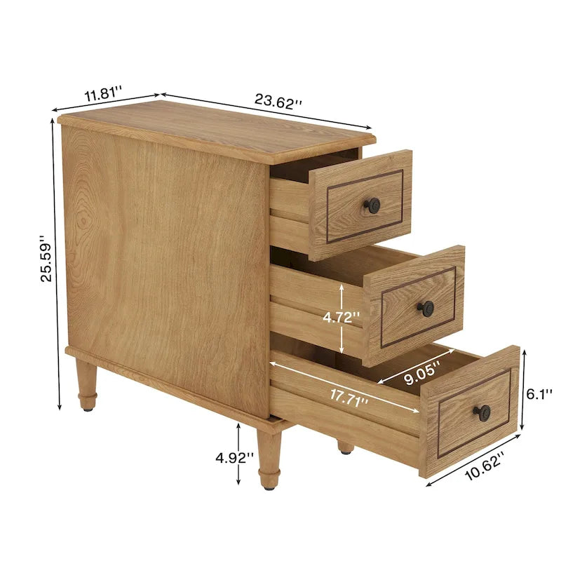 Tavolino stretto completamente assemblato, tavolino in legno massello con 3 cassetti, comodino sottile vintage per piccoli spazi