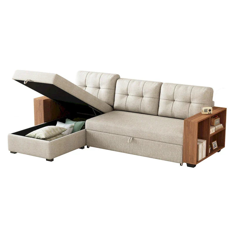 Divano Sezionale Convertibile con Letto Estraibile e Chaise Longue Contenitore Nascosto