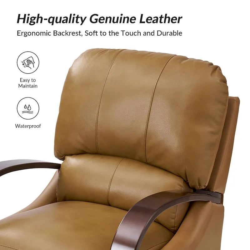 Poltrona reclinabile manuale Alex Mid-century Modern Cigar in vera pelle con braccioli ricurvi in legno