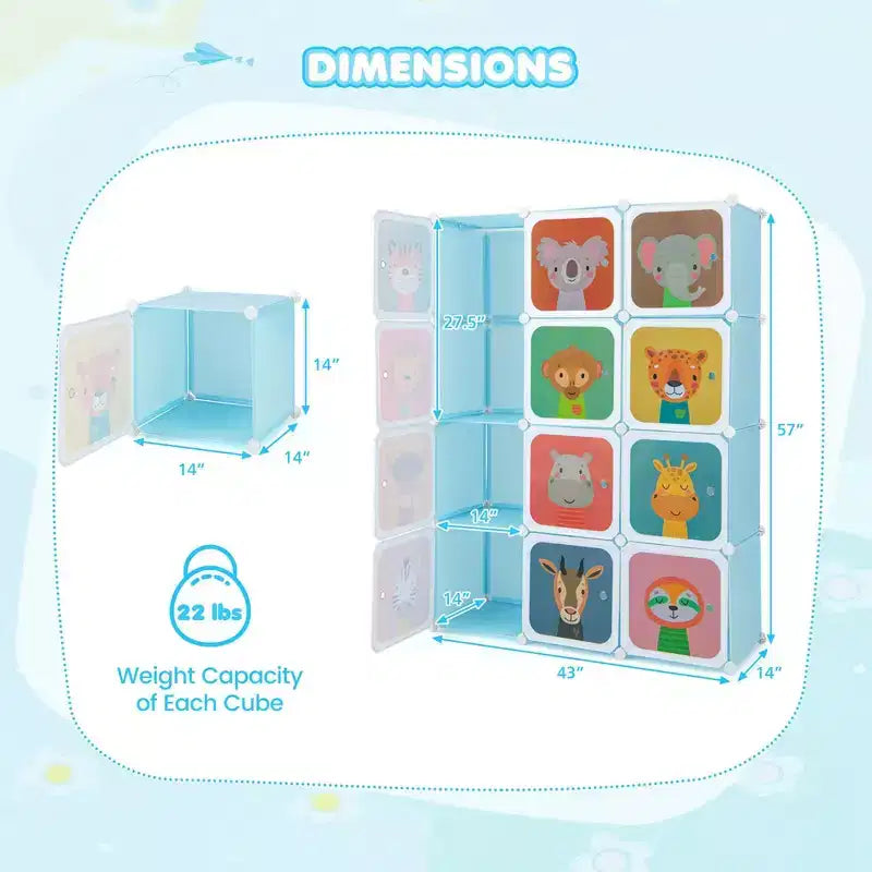 12-Cube Kids Wardrobe Baby Dresser Bedroom Armoire Clothes Hanging Closet with Door Blue/Pink