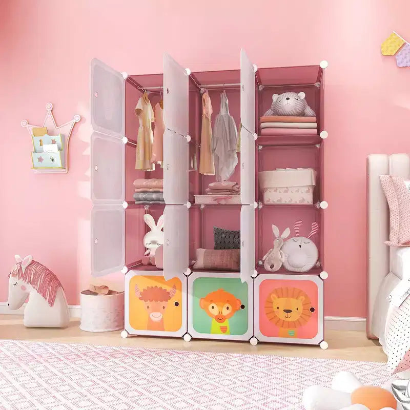 12-Cube Kids Wardrobe Baby Dresser Bedroom Armoire Clothes Hanging Closet with Door Blue/Pink