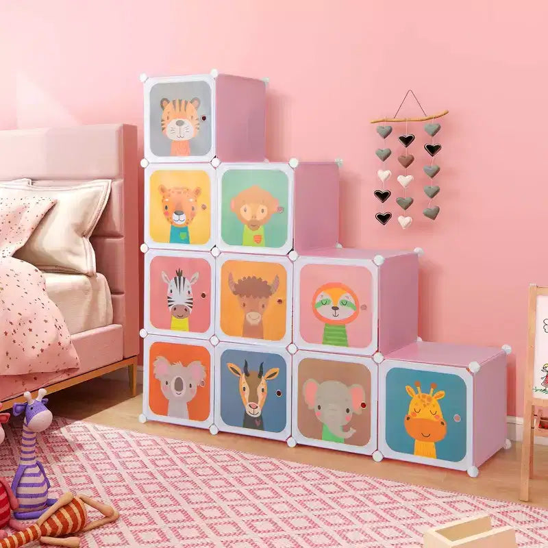 12-Cube Kids Wardrobe Baby Dresser Bedroom Armoire Clothes Hanging Closet with Door Blue/Pink