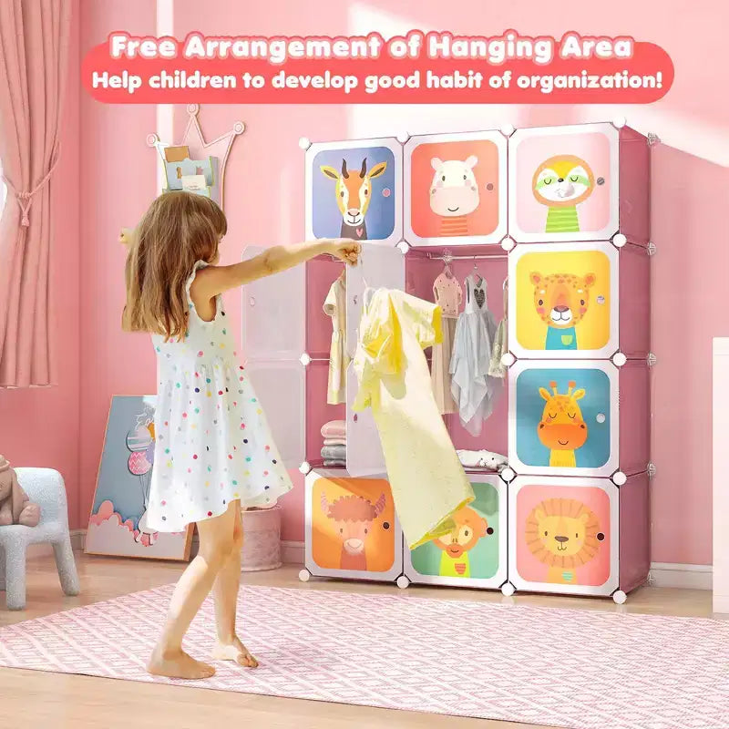 12-Cube Kids Wardrobe Baby Dresser Bedroom Armoire Clothes Hanging Closet with Door Blue/Pink