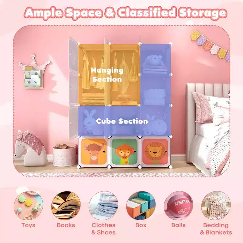 12-Cube Kids Wardrobe Baby Dresser Bedroom Armoire Clothes Hanging Closet with Door Blue/Pink