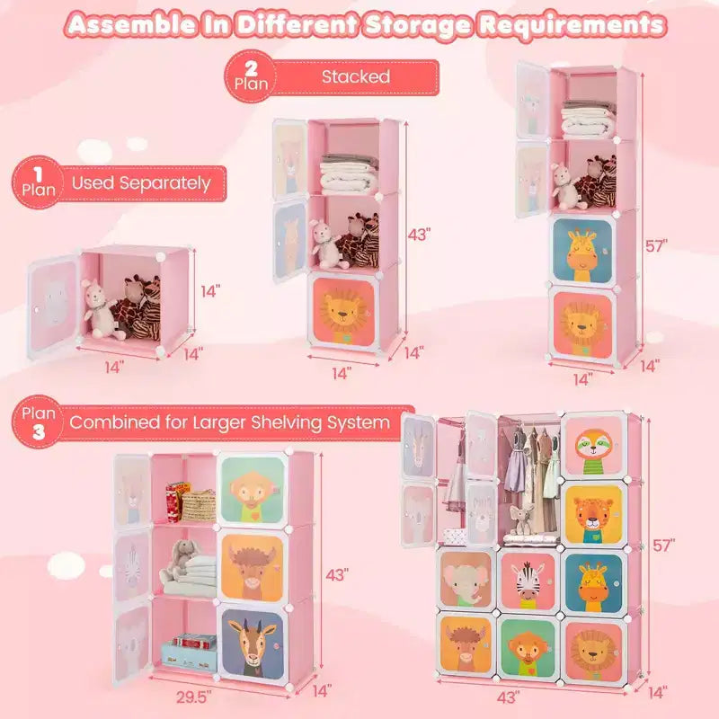12-Cube Kids Wardrobe Baby Dresser Bedroom Armoire Clothes Hanging Closet with Door Blue/Pink