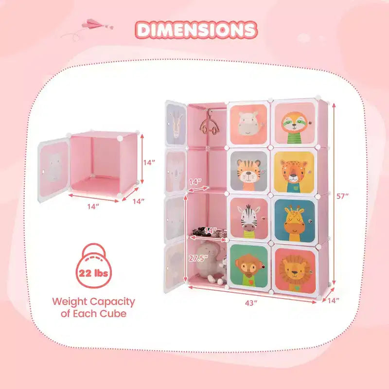 12-Cube Kids Wardrobe Baby Dresser Bedroom Armoire Clothes Hanging Closet with Door Blue/Pink