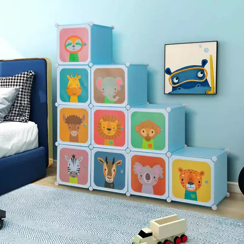 12-Cube Kids Wardrobe Baby Dresser Bedroom Armoire Clothes Hanging Closet with Door Blue/Pink